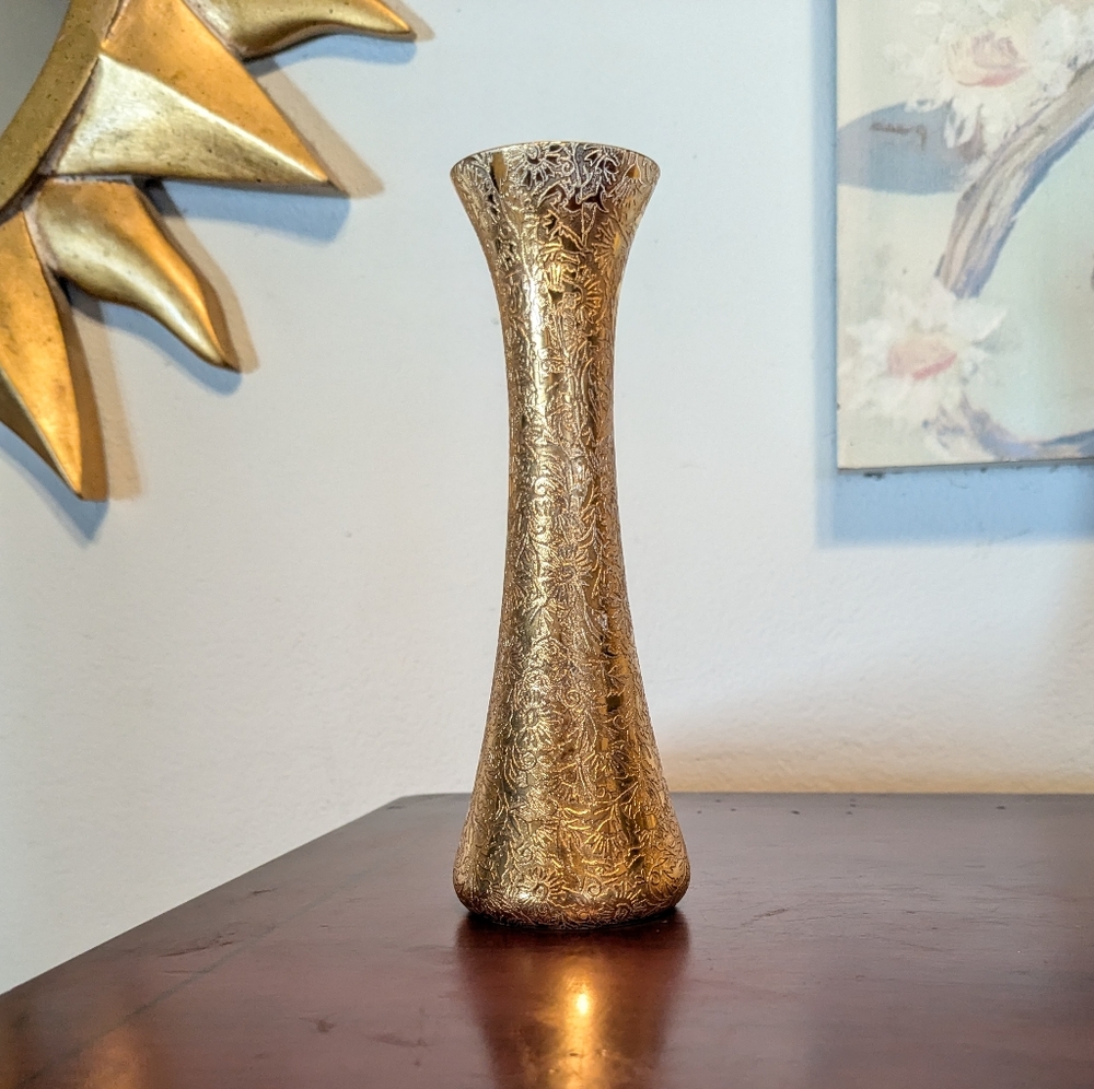 Mini Flower LOTUS 22K Art Glass Gold Plated Rose Bud Etched Vase MCM Romantic